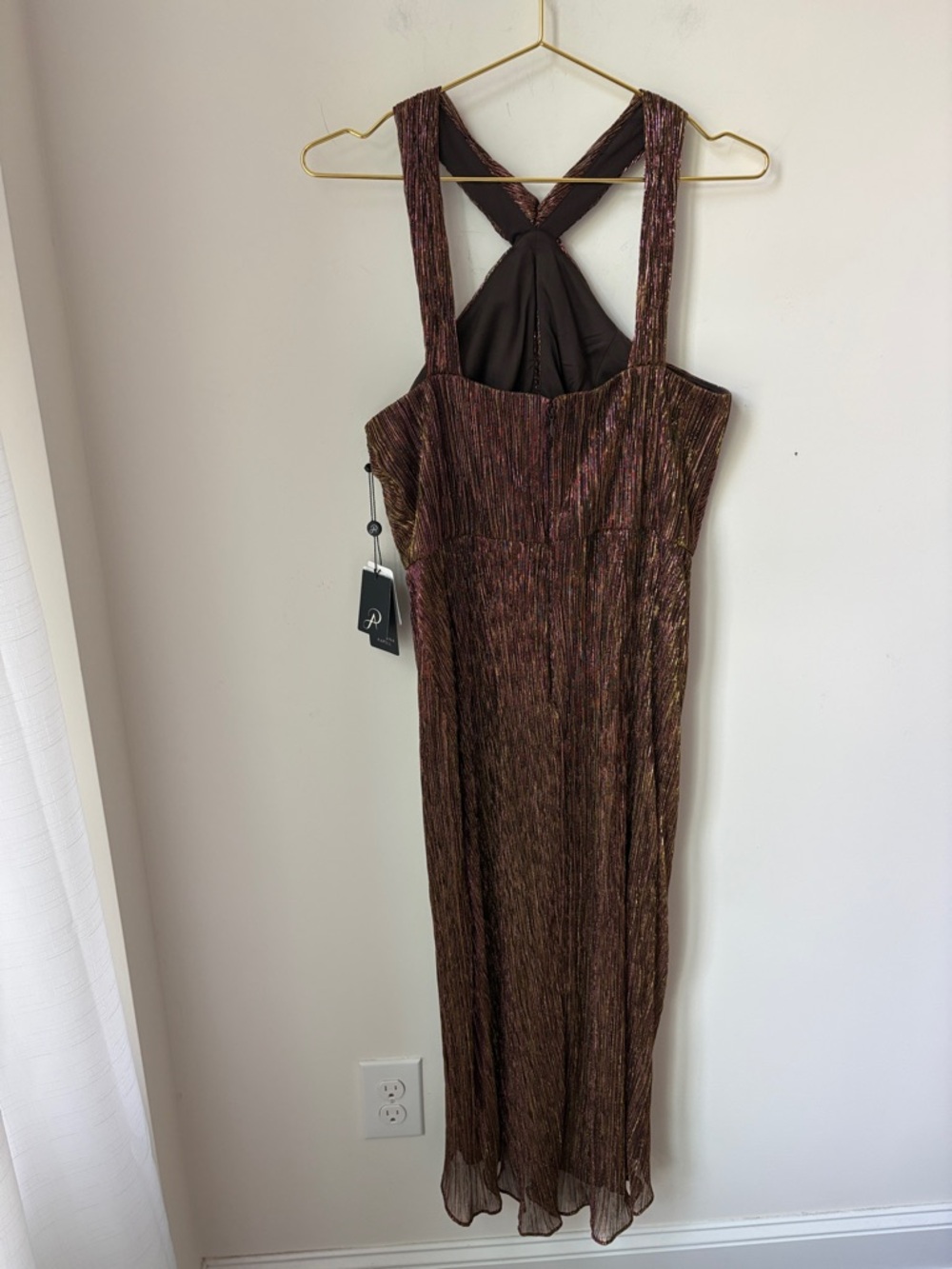 NWT Adrianna Papell Halter Crinkle Metallic Dress in Copper Cocktail Size 10 - Picture 3 of 12